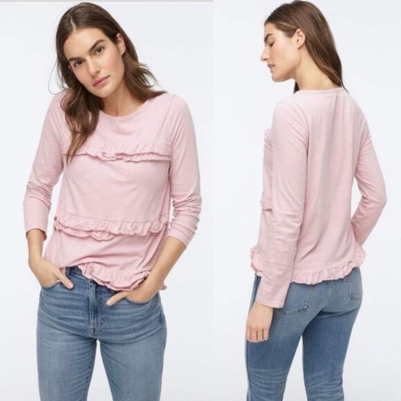 J Crew Ruffled Vintage Cotton Long Sleeve T-Shirt Grey Size Large Tee Crew Neck - Picture 2 of 13